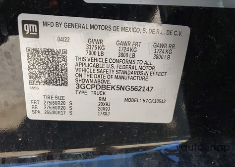 2022 Chevrolet Silverado K1500 Custom из США, поврежденный, VIN 3GCPDBEK5NG562147